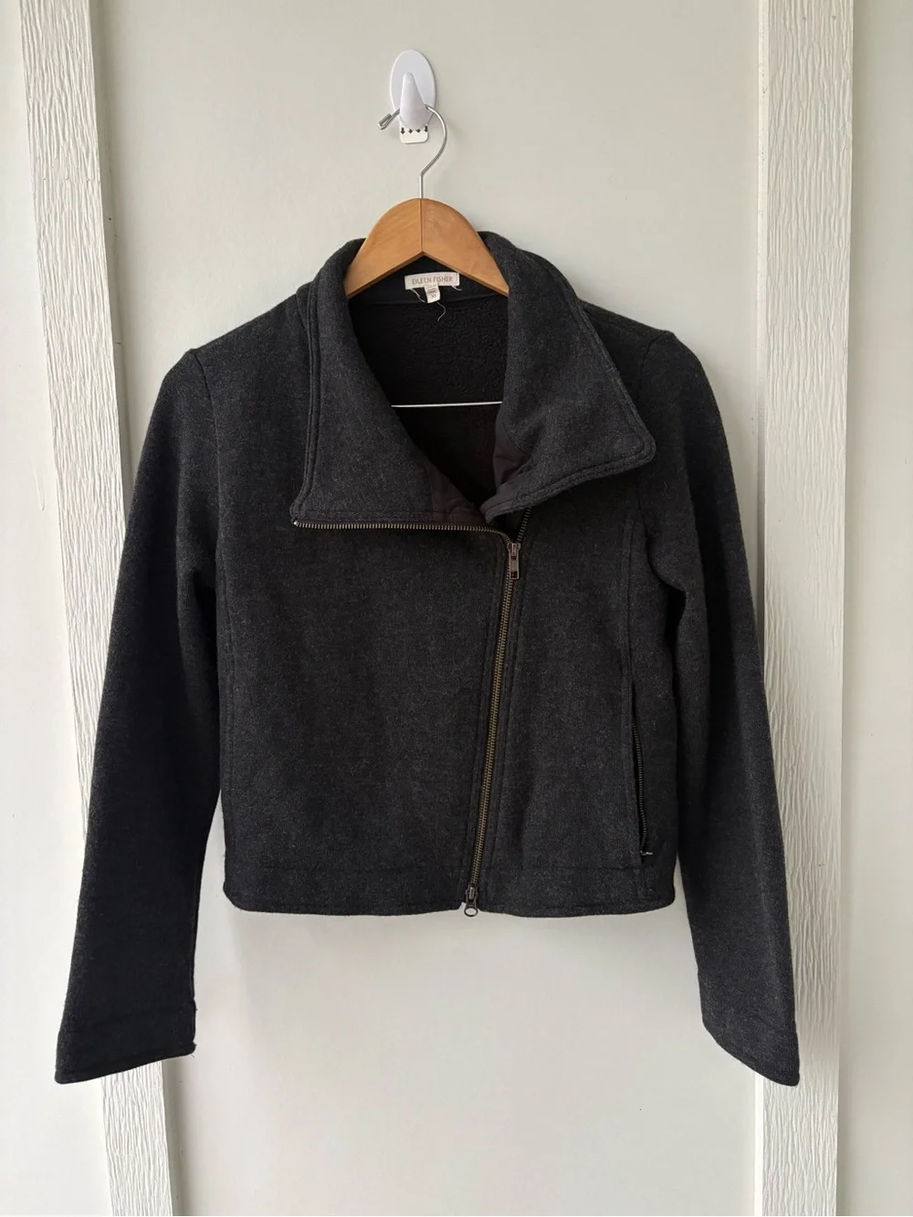 Eileen Fisher Wool Blend Moto Jacket Womens XS Black Asymmetrical Zip Cropped